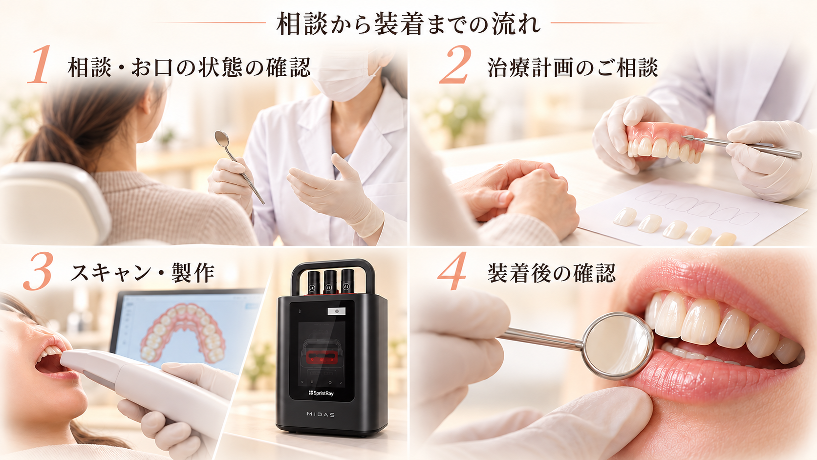 ルミナシェルFの相談、治療計画、スキャンと製作、装着後の確認までの流れ